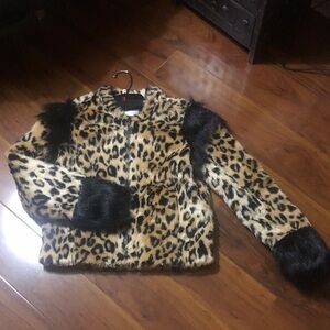 Leith Leopard Print Faux Fur Jacket with Black Details